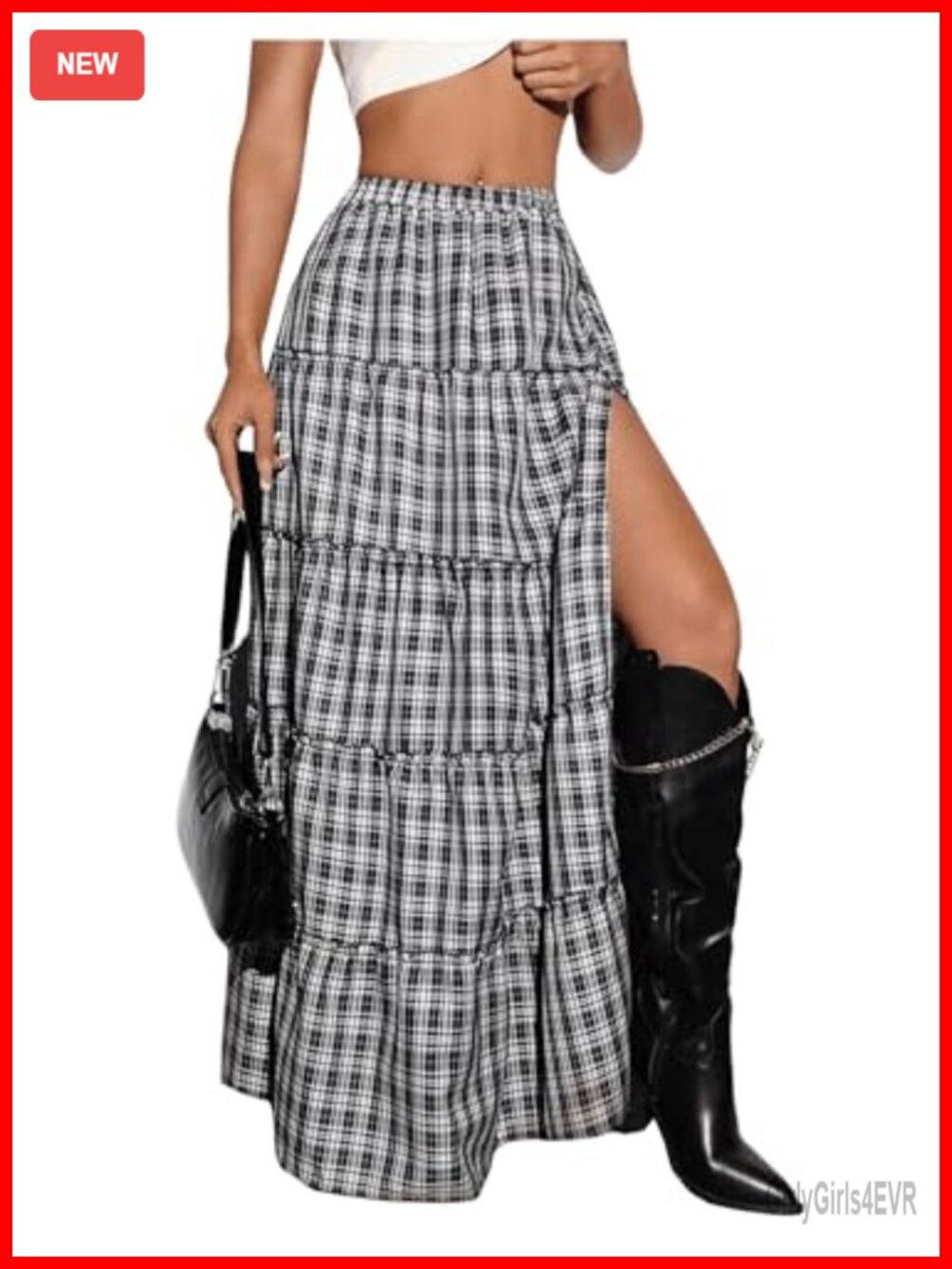 Plaid Maxi Skirt High Slit A-Line Tiered Y2K Flowy Women's